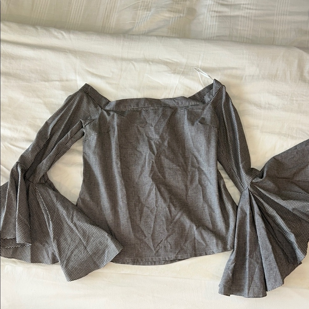 MLM Black and White Gingham Off the shoulder Blouse with flared sleeves